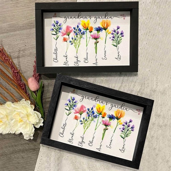 Personalized Grandma's Garden Frame Sign With Grandchildren Names and Birth Flower For Mother's Day Gift