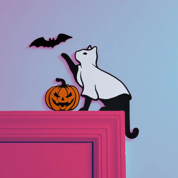 Halloween Ghost Cat Pumpkin Door Corner Sign