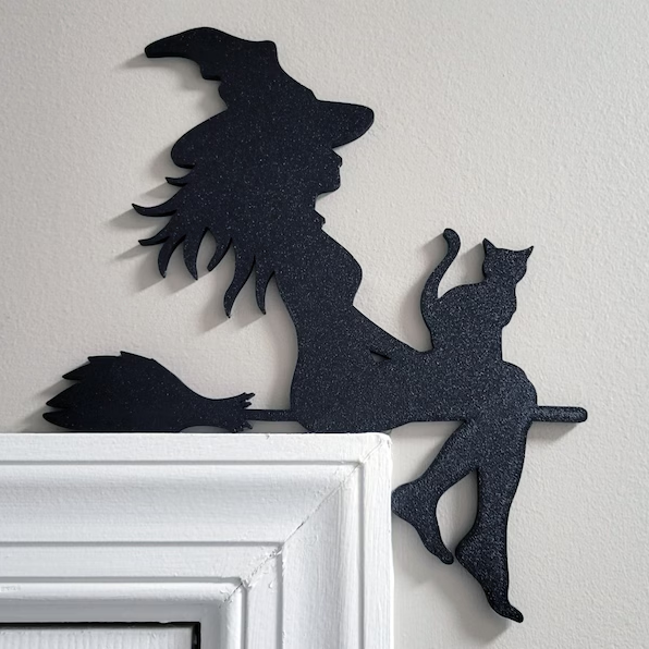 Halloween Witch Cat Flying Broomstick Door Corner Sign