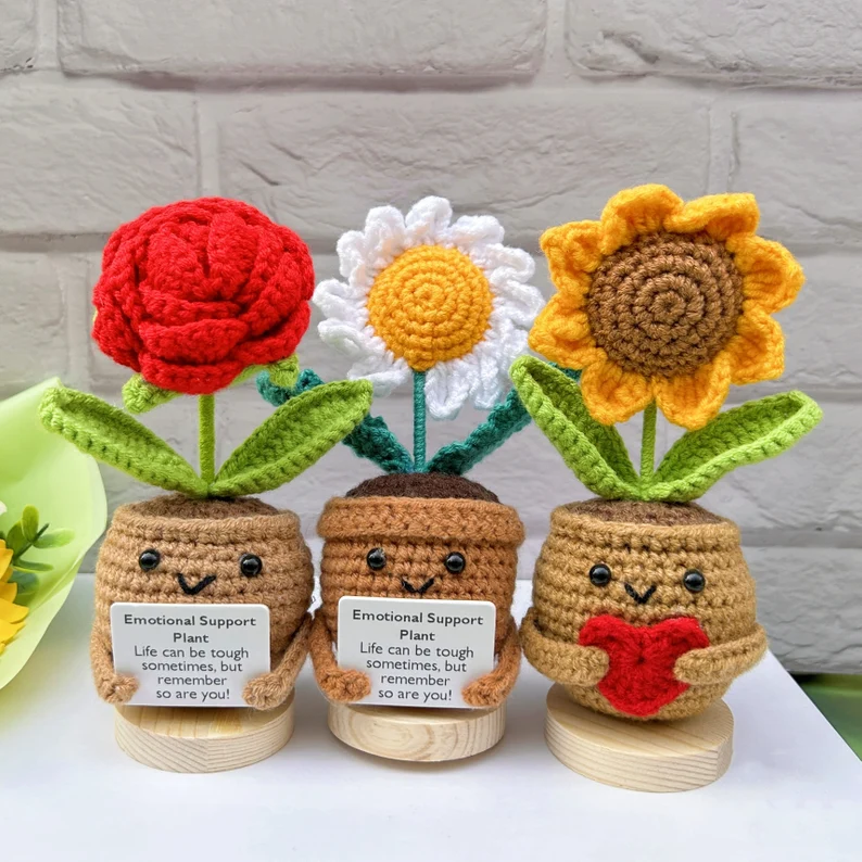 Custom Cute Handmade Sunflower/Rose/Daisy Crochet Flower Desk Decor Gift Set