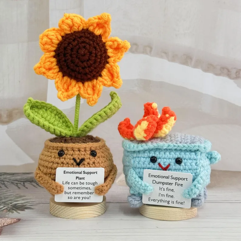 Custom Cute Handmade Crochet Dumpster Fire with Crochet Sunflower Emotional Support Gift Set