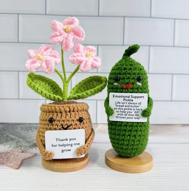 Custom Cute Handmade Crochet Pickle with Forget-me-not Flower Emotional Support Gift Set