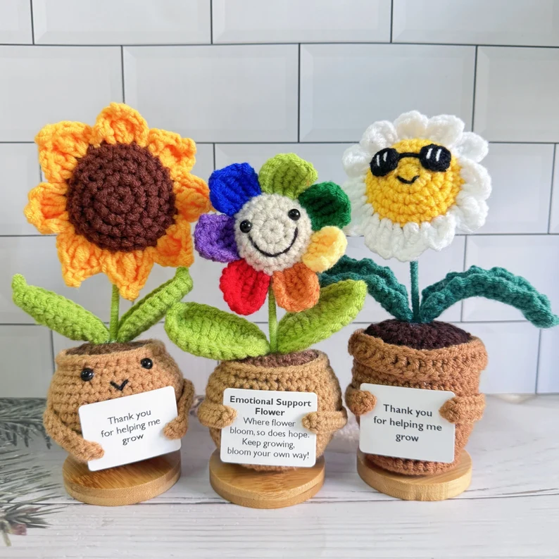 Custom Cute Handmade Crochet Potted Flower Desk Decor Emotional Support Gift Set